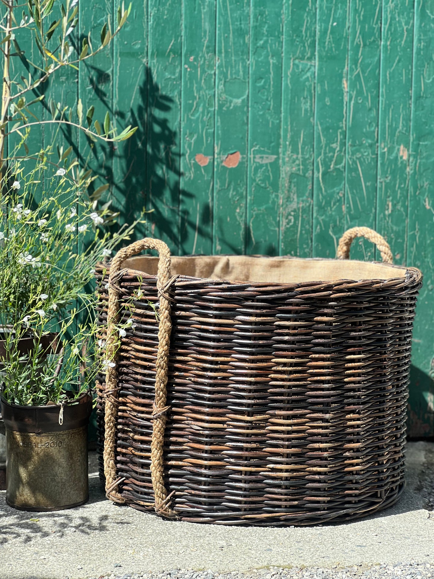 Large Round Dark Rope Handle Lined Basket