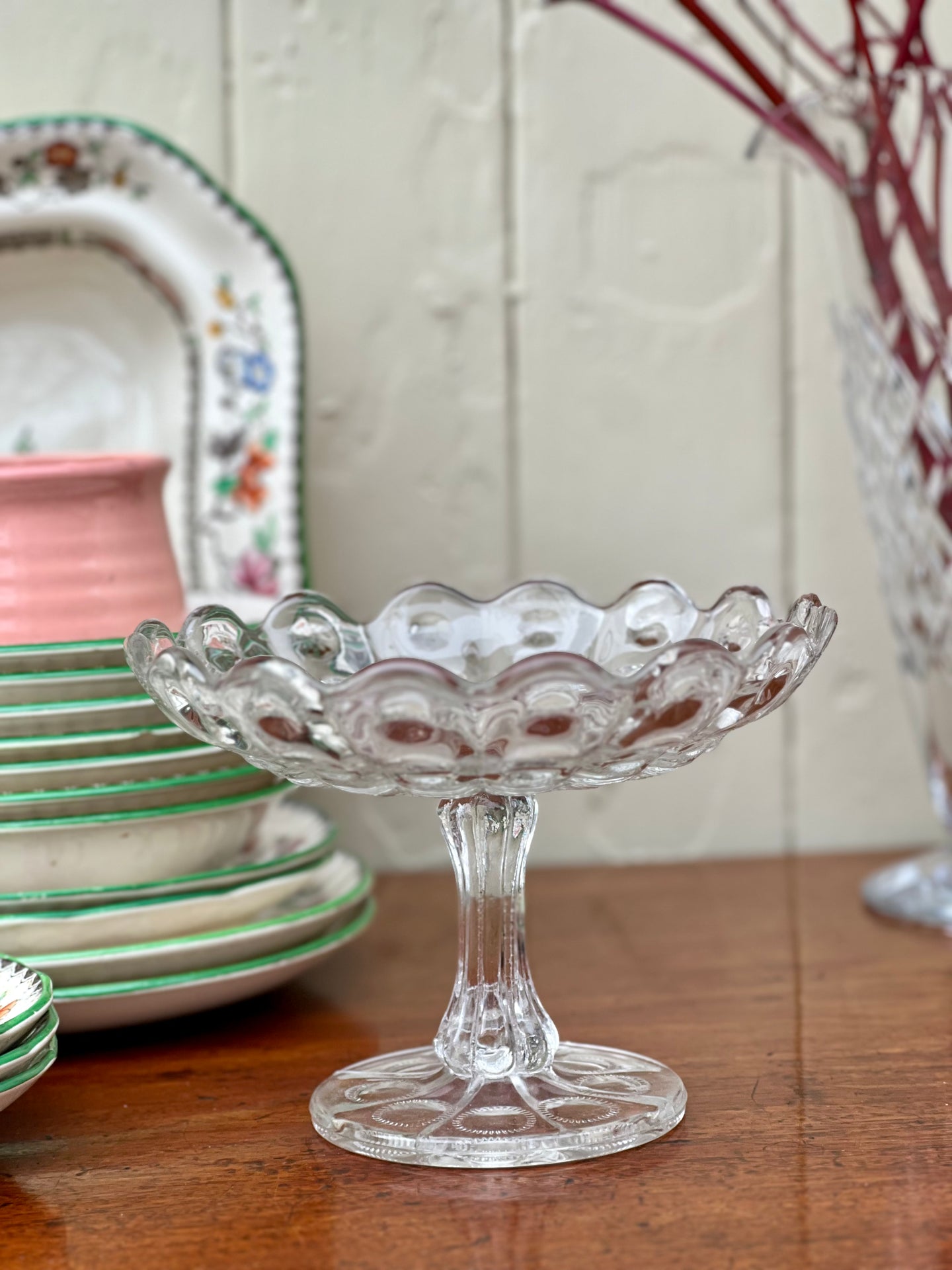 Vintage Scallop Pressed Glass Pedestal Dish